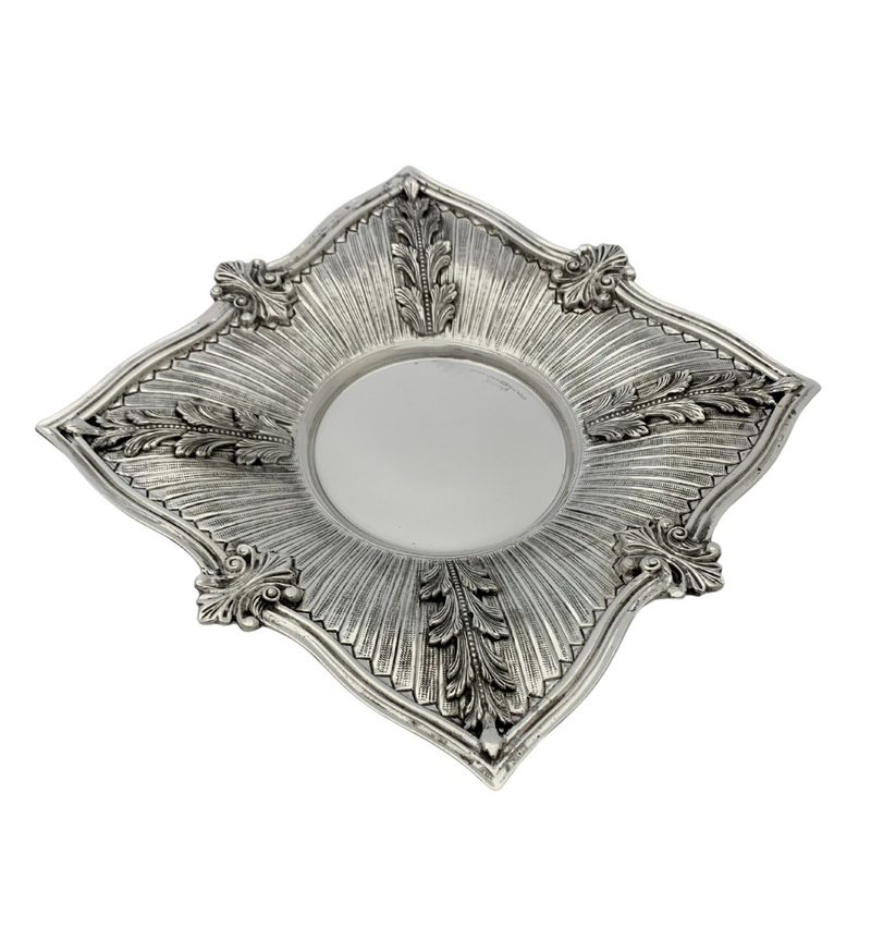 925 STERLING SILVER HANDMADE ELEGANT LEAF APPLIQUE STRIATED SQUARE CUP & TRAY