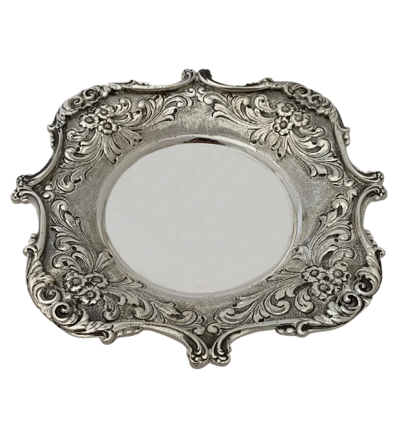 ITALIAN 925 STERLING SILVER HANDMADE CHASED SWIRL FLORAL LEAF ORNATE CUP & TRAY