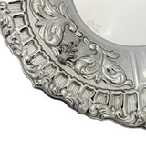 925 STERLING SILVER HANDMADE CHASED SWIRL LEAF APPLIQUE MATTE SHINY ROUND TRAY