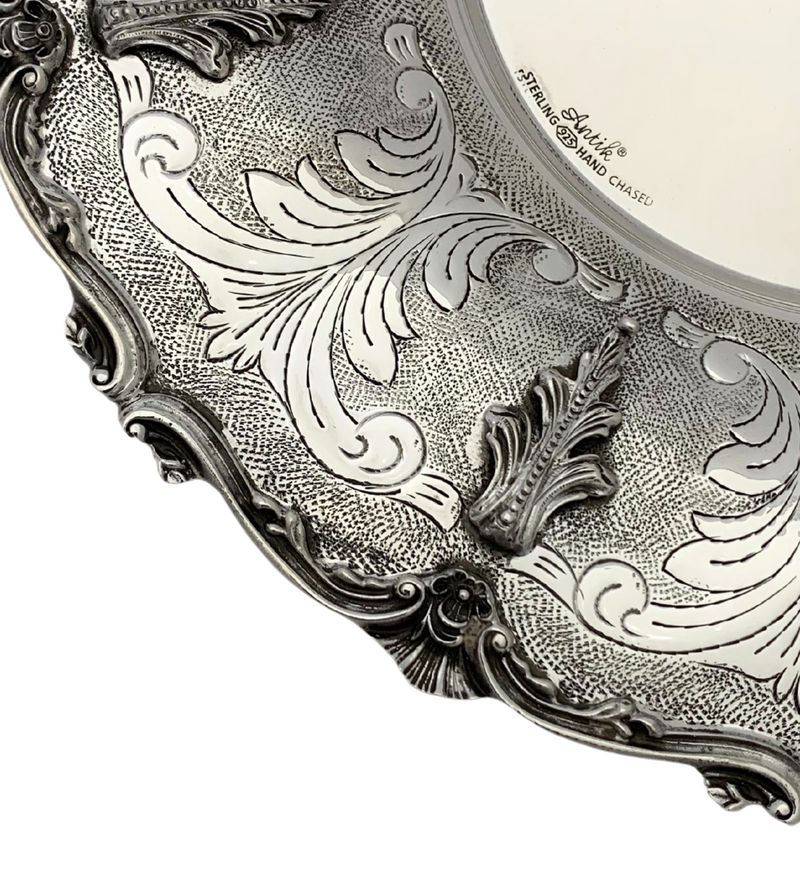 925 STERLING SILVER HANDMADE SWIRL LEAF APPLIQUE ORNATE MATTE SHINY ROUND TRAY