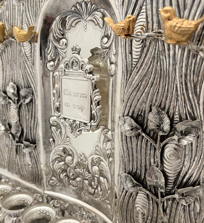 FINE 925 STERLING SILVER & GILDED HANDMADE MULTI BIRD LEAF TREE BACKWALL MENORAH