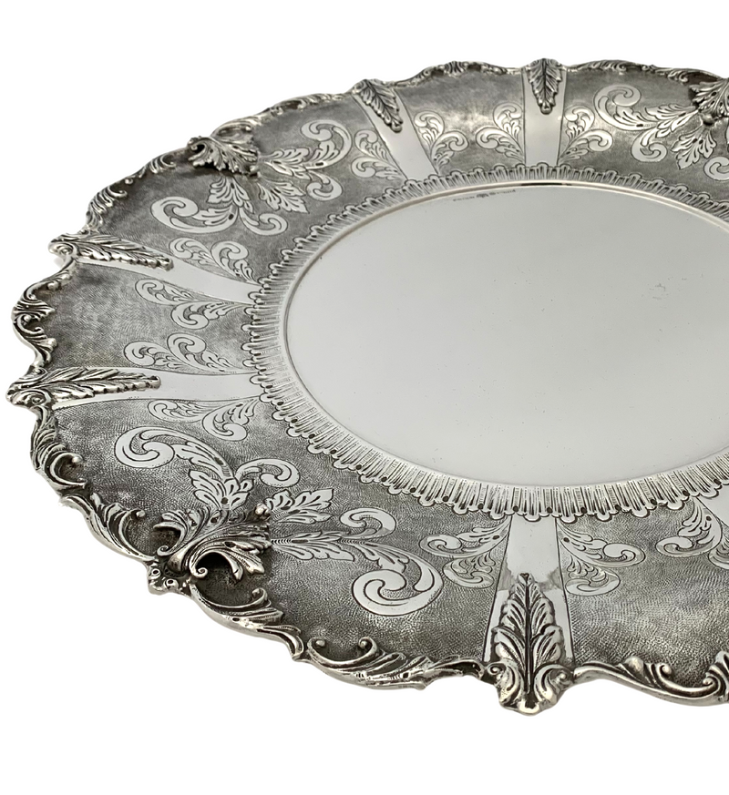 FINE 925 STERLING SILVER HANDMADE CHASED LEAF APPLIQUE MATTE & SHINY ROUND TRAY