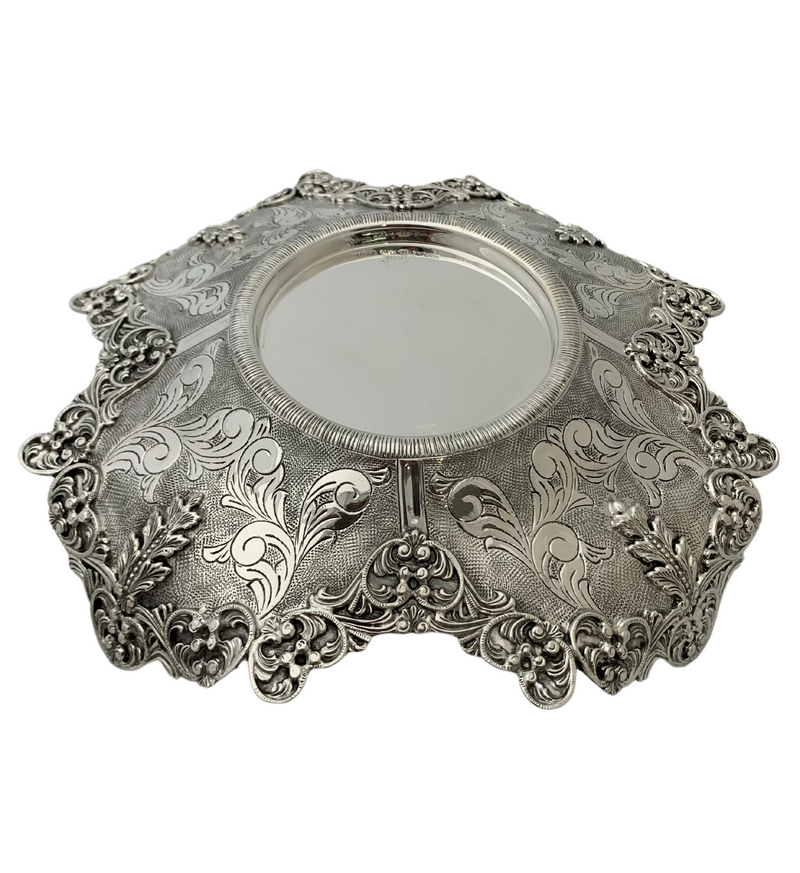 FINE 925 STERLING SILVER HANDMADE FLORAL LEAF APPLIQUE ORNATE MATTE CUP & TRAY