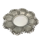 925 STERLING SILVER & GLASS INSERT HANDMADE LEAF APPLIQUE LACE ORNATE CUP & TRAY