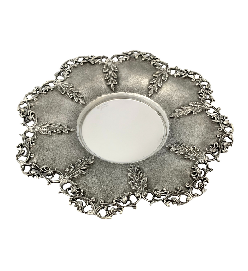 925 STERLING SILVER & GLASS INSERT HANDMADE LEAF APPLIQUE LACE ORNATE CUP & TRAY