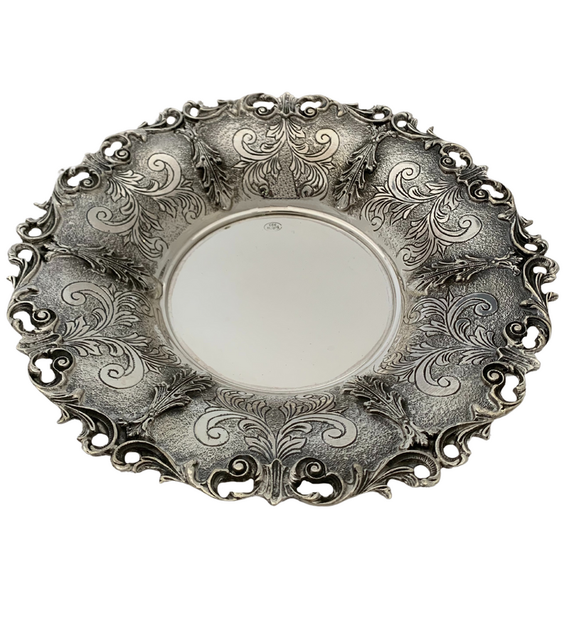 FINE 925 STERLING SILVER HANDMADE CHASED SWIRL LEAF APPLIQUE ORNATE CUP & TRAY