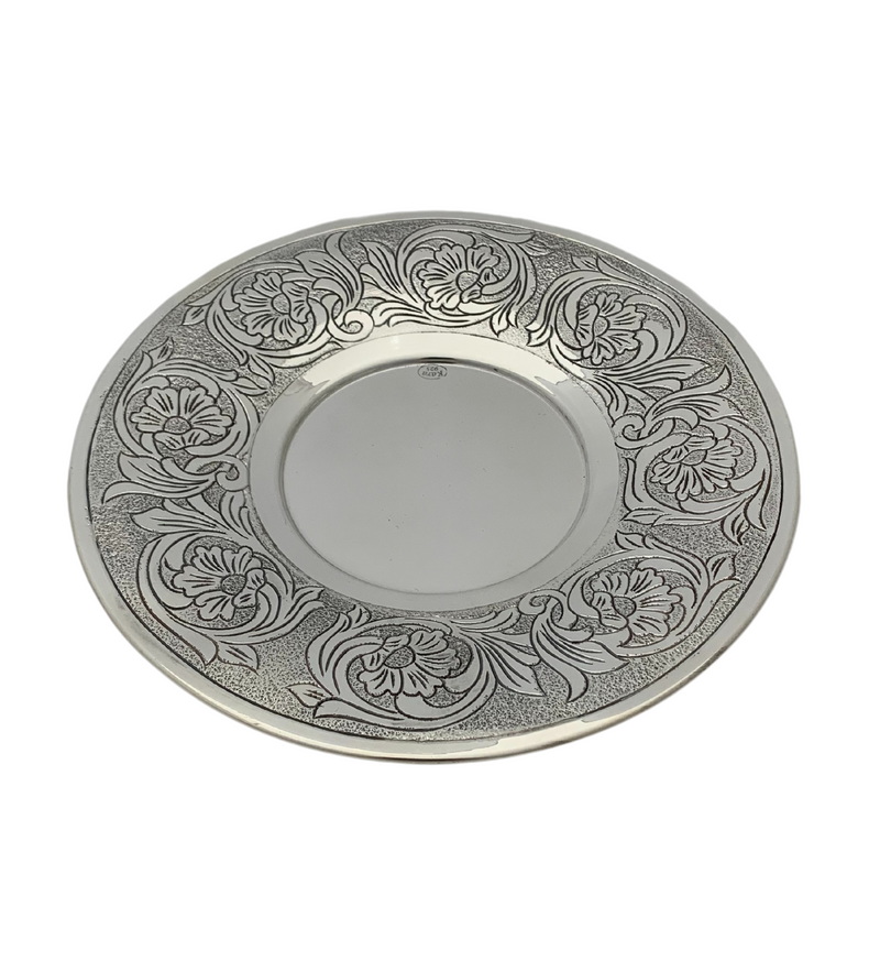 FINE 925 STERLING SILVER HANDMADE FLORAL SWIRL CHASED MATTE SHINY CUP & TRAY