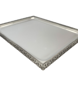 ITALIAN 925 STERLING SILVER HANDMADE SHELL LACE ORNATE RECTANGLE SERVING TRAY