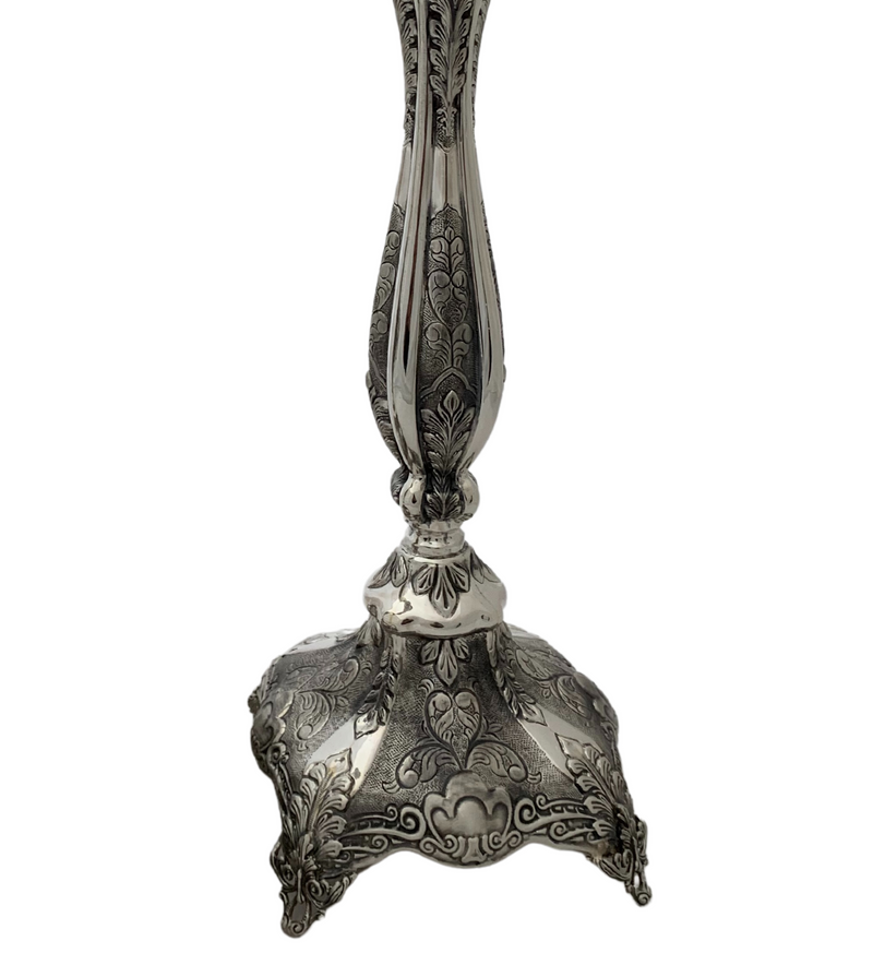 FINE 925 STERLING SILVER HANDMADE HEAVY CHASED LEAF APPLIQUE ORNATE CANDLESTICKS