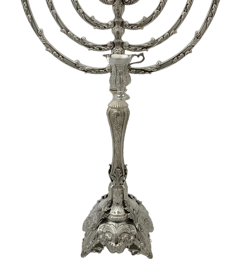 TALL 925 STERLING SILVER HANDMADE CHASED LEAF APPLIQUE ORNATE CHANUKAH MENORAH