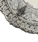 925 STERLING SILVER HANDMADE CHASED SWIRL LEAF APPLIQUE MATTE SHINY ROUND TRAY