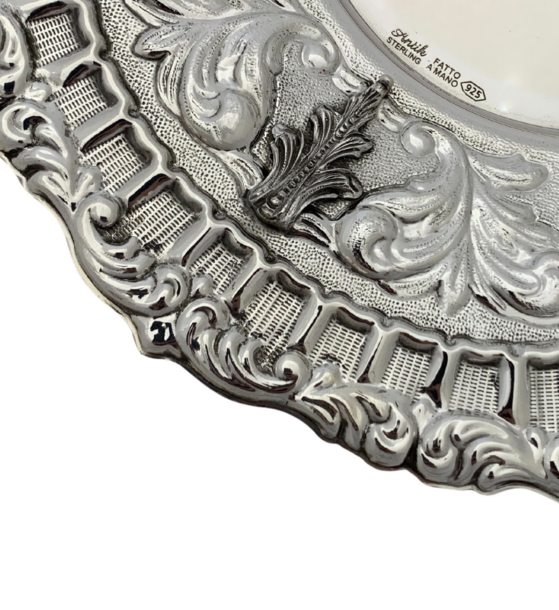 925 STERLING SILVER HANDMADE CHASED SWIRL LEAF APPLIQUE MATTE SHINY ROUND TRAY