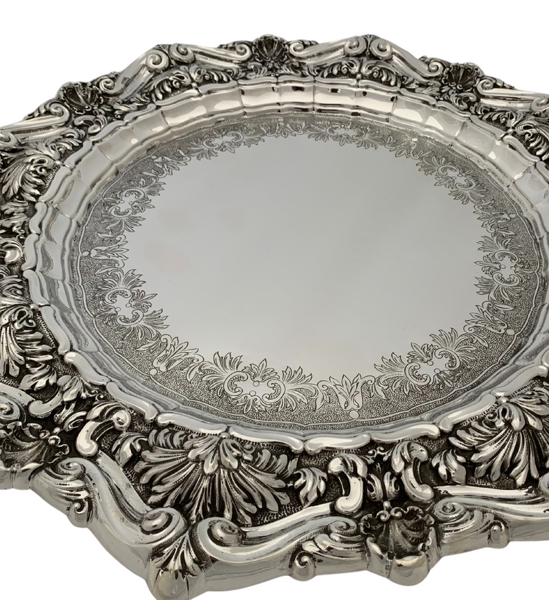 TOPAZIO 925 STERLING SILVER HANDMADE INTRICATE ORNATE CHASED LEAF ROUND TRAY