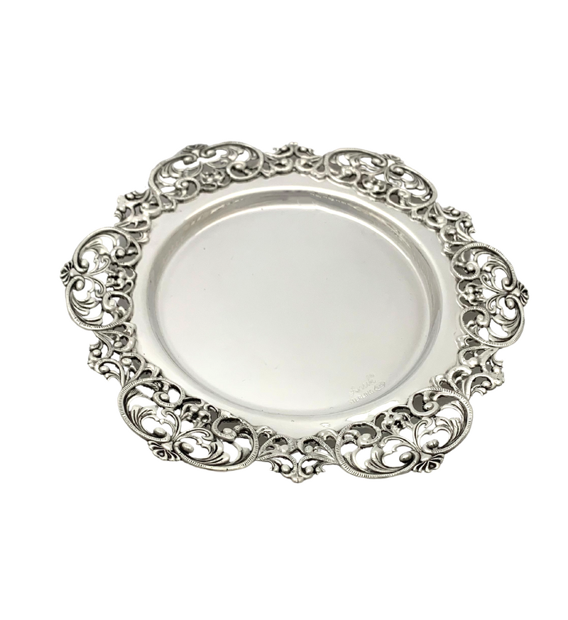925 STERLING SILVER & GLASS INSERT HANDMADE FLUTED OPEN LACE ORNATE CUP & TRAY