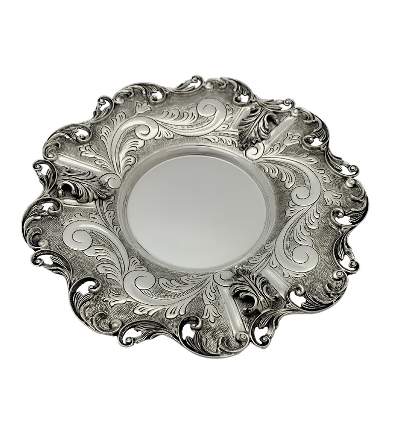 925 STERLING SILVER HANDMADE LEAF CHASED SWIRL ORNATE MATTE & SHINY CUP & TRAY