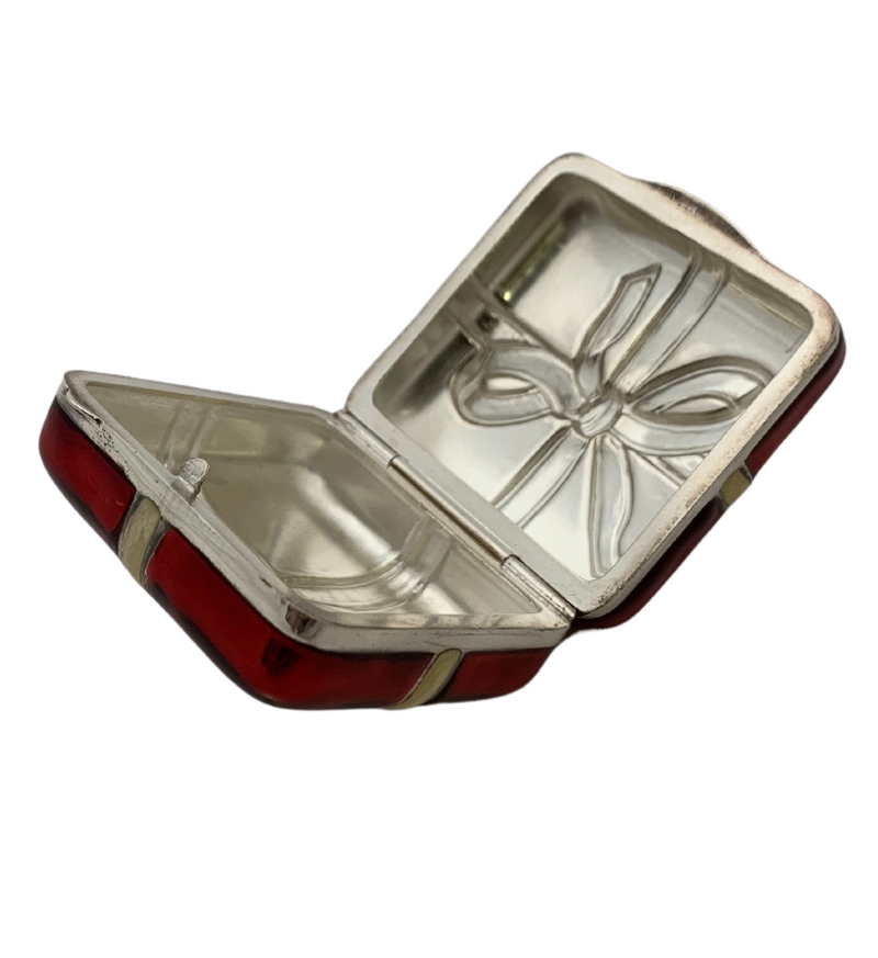 FINE SMALL ITALIAN 925 STERLING SILVER & RED ENAMEL HANDMADE RIBBON GIFT BOX