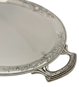 ANTIQUE 925 STERLING SILVER HANDMADE CHASED ORNATE FLORAL 2 HANDLE OVAL TRAY
