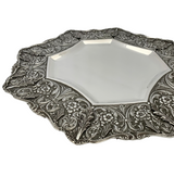 ITALIAN 925 STERLING SILVER HANDMADE LEAF & FLORAL ORNATE EMBOSSED HEXAGON TRAY