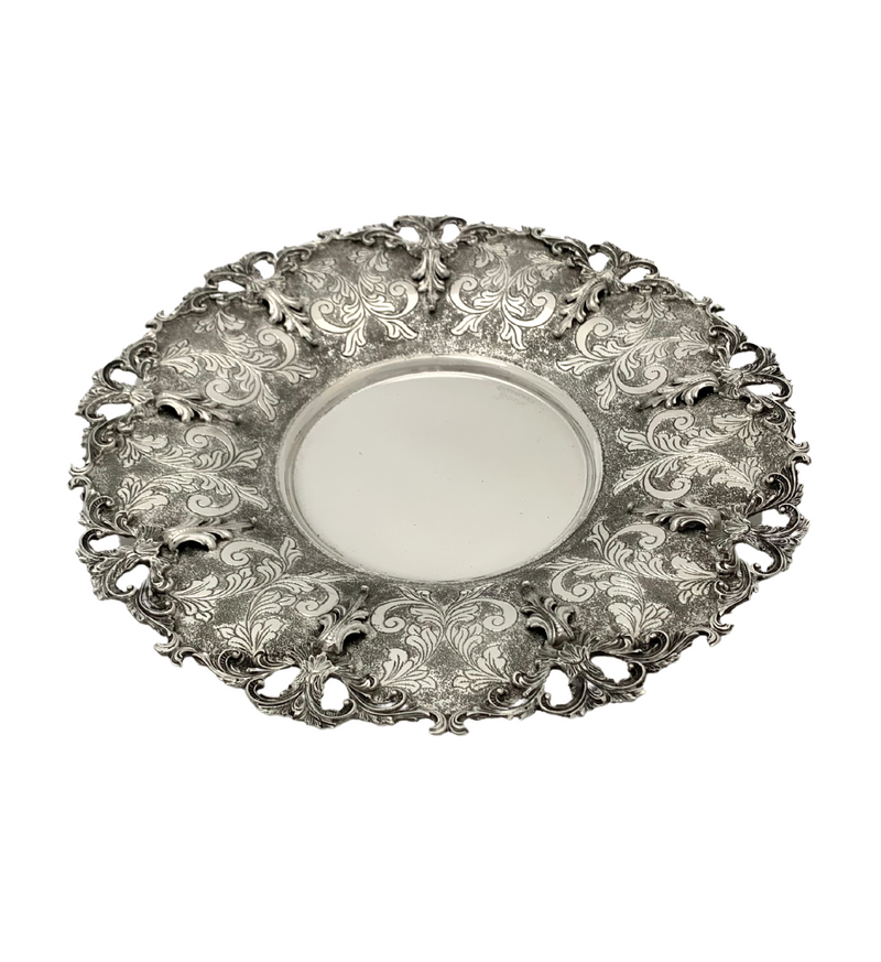 FINE 925 STERLING SILVER HANDMADE LEAF APPLIQUE CHASED SWIRL MATTE CUP & TRAY