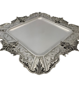 FINE 925 STERLING SILVER HANDMADE CHASED LEAF APPLIQUE MATTE & SHINY SQUARE TRAY