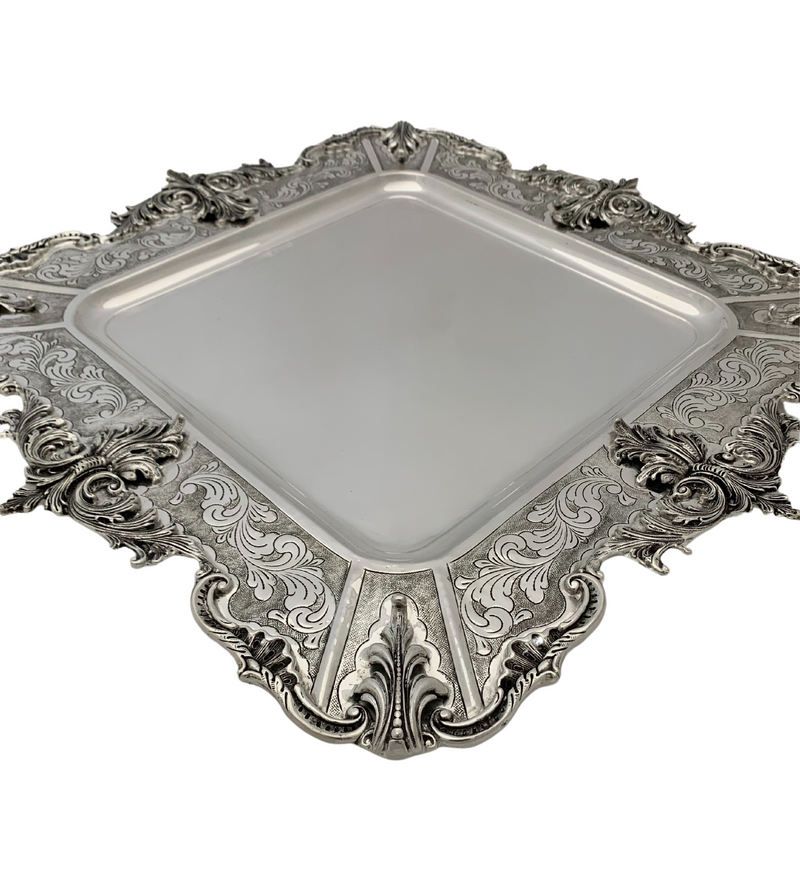 FINE 925 STERLING SILVER HANDMADE CHASED LEAF APPLIQUE MATTE & SHINY SQUARE TRAY