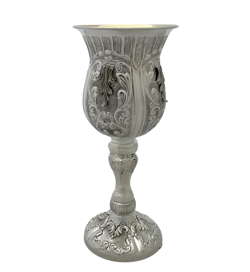 LARGE 925 STERLING SILVER HANDMADE LEAF APPLIQUE CHASED MATTE SHINY ELIYAHU CUP