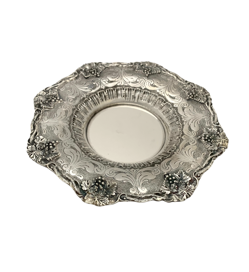 FINE 925 STERLING SILVER HANDMADE LEAF GRAPE CHASED SWIRL ORNATE CUP & TRAY