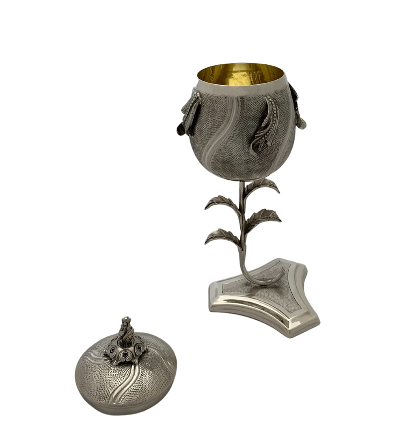 FINE 925 STERLING SILVER HANDMADE LEAF APPLIQUE MATTE & SHINY VIZNIZ CUP & TRAY