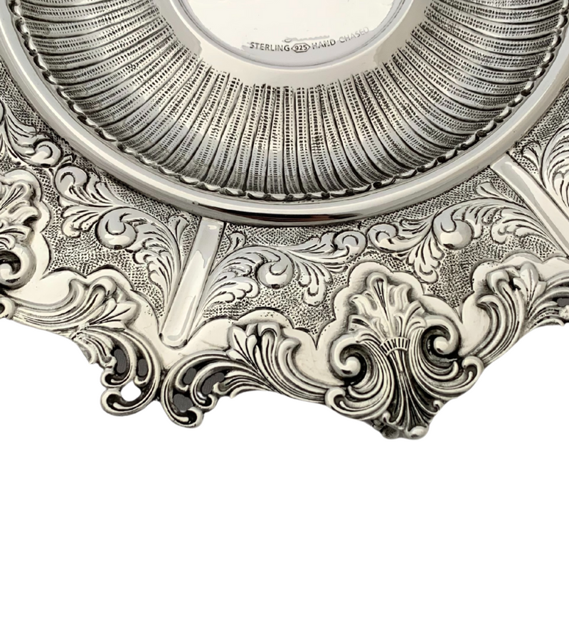 FINE 925 STERLING SILVER HANDMADE LEAF APPLIQUE ORNATE SWIRL CHASED CUP & TRAY