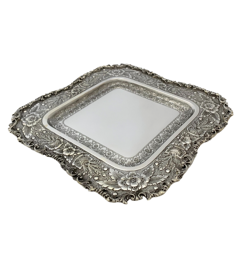 ITALY 925 STERLING SILVER HANDMADE FLORAL LEAF ORNATE CHASED WINE BOTTLE & TRAY