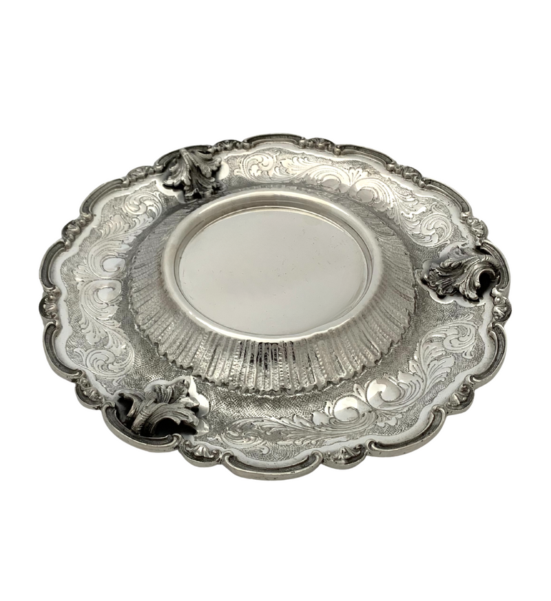 ITALY 925 STERLING SILVER HANDMADE LEAF APPLIQUE SWIRL ORNATE ELIYAHU CUP & TRAY