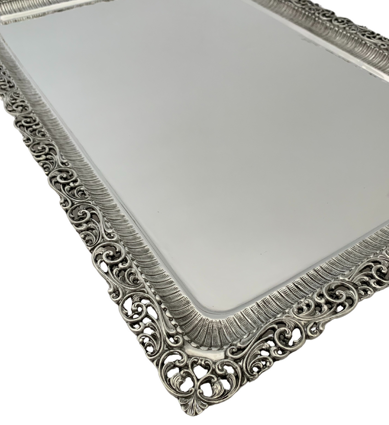 925 STERLING SILVER HANDMADE OPEN FILIGREE LACE ORNATE RECTANGLE SERVING TRAY