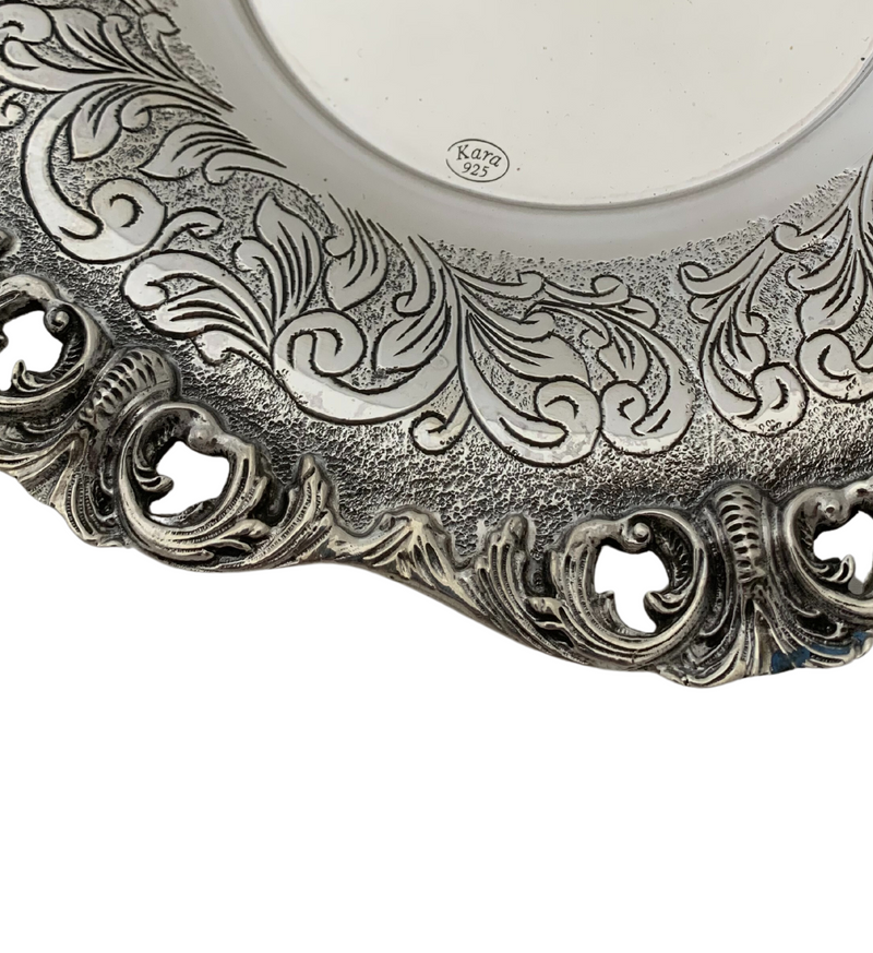 FINE 925 STERLING SILVER HANDMADE CHASED SWIRL ORNATE MATTE & SHINY CUP & TRAY