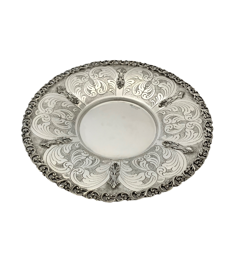 FINE 925 STERLING SILVER HANDMADE LEAF APPLIQUE CHASED SWIRL ORNATE CUP & TRAY