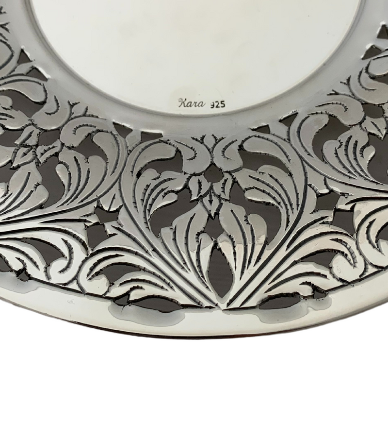 925 STERLING SILVER & GLASS HANDMADE OPEN CHASED FLORAL LEAF SWIRL CUP & TRAY
