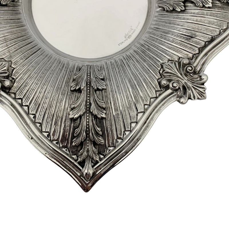 925 STERLING SILVER HANDMADE ELEGANT LEAF APPLIQUE STRIATED SQUARE CUP & TRAY
