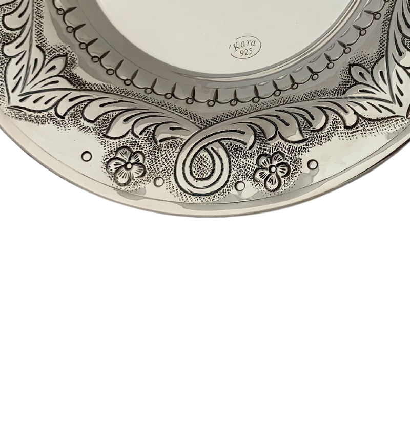 FINE 925 STERLING SILVER HANDMADE FLORAL CHASED SWIRL MATTE & SHINY CUP & TRAY