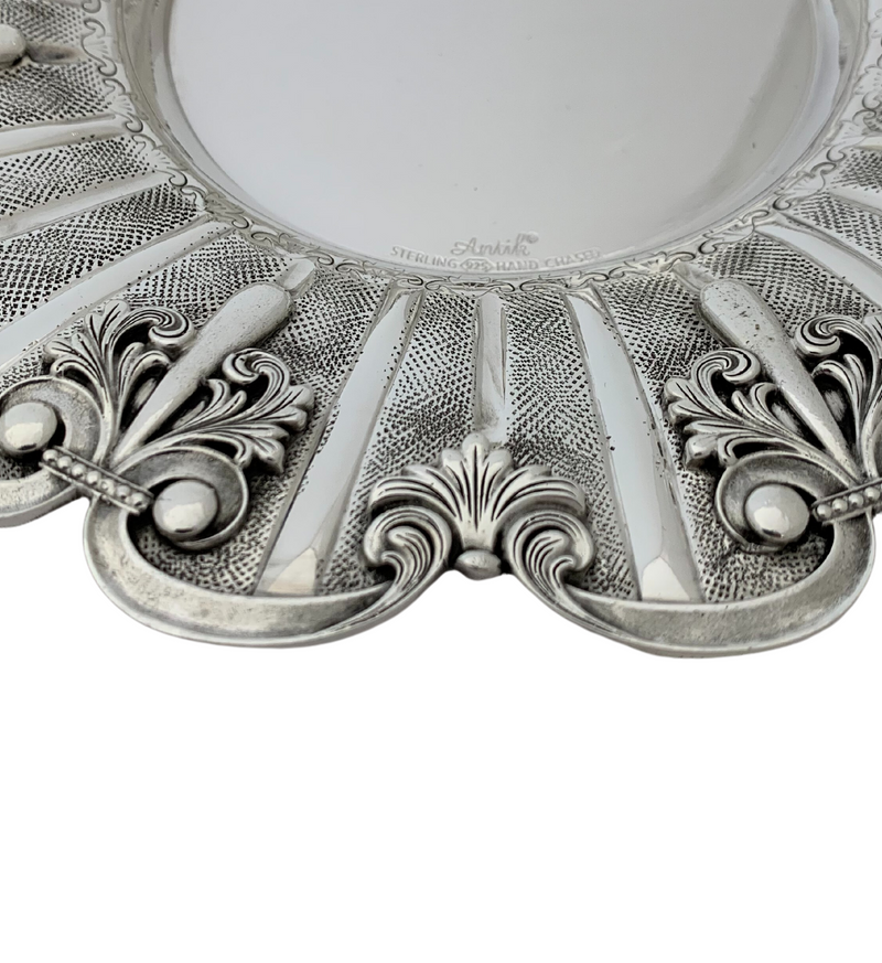 FINE 925 STERLING SILVER HANDMADE ORNATE LEAF APPLIQUE MATTE SHINY CUP & TRAY