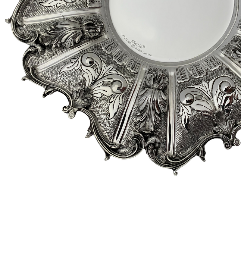 FINE 925 STERLING SILVER HANDMADE LEAF APPLIQUE ORNATE MATTE SHINY CUP & TRAY