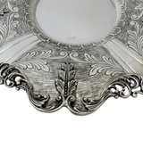 925 STERLING SILVER HANDMADE STRIATED CHASED LEAF APPLIQUE ORNATE CUP & TRAY