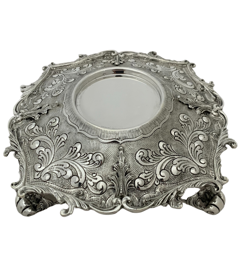 925 STERLING SILVER HANDMADE CHASED SWIRL LEAF APPLIQUE ORNATE HONEY DISH & TRAY