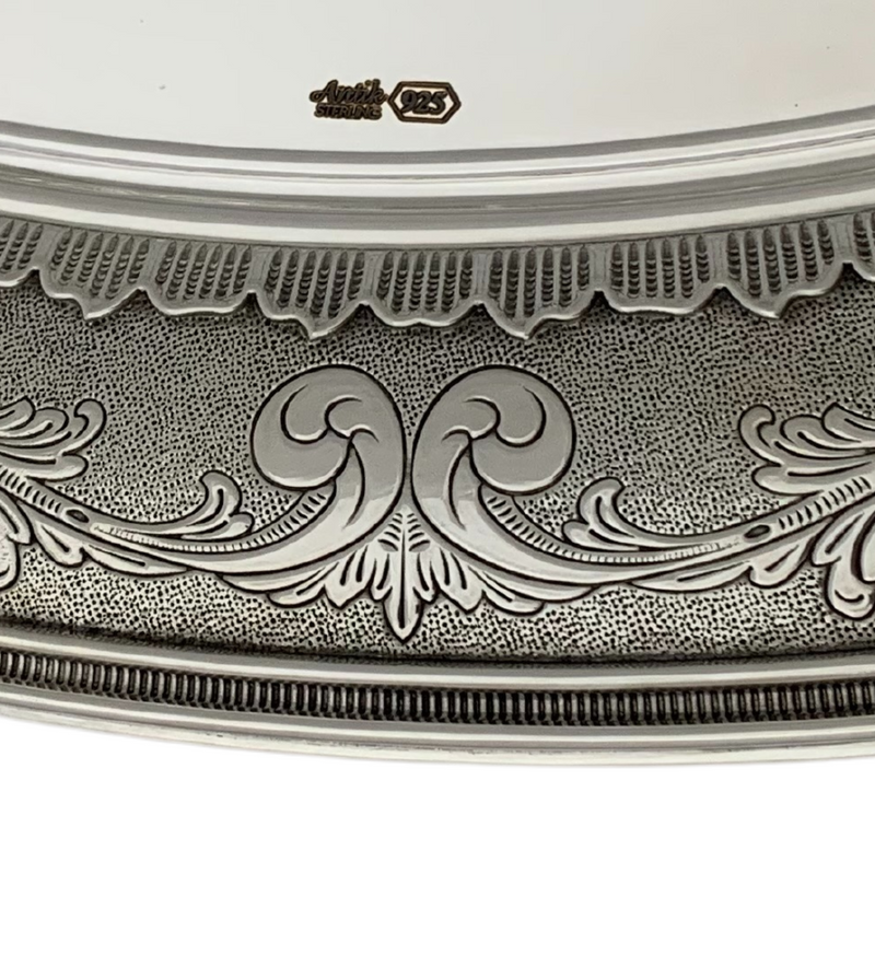 925 STERLING SILVER HANDMADE CHASED SWIRL LEAF APPLIQUE MATTE SHINY OVAL TRAY