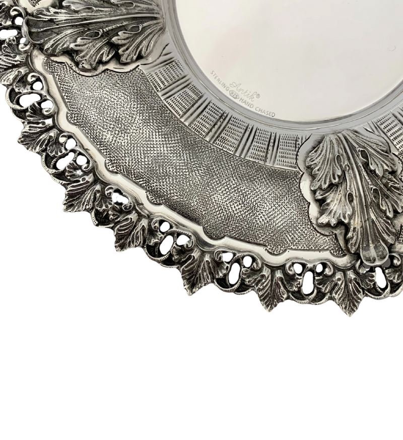 FINE 925 STERLING SILVER HANDMADE LEAF APPLIQUE ORNATE MATTE SHINY CUP & TRAY
