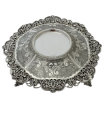925 STERLING SILVER HANDMADE CHASED SWIRL FLORAL OPEN LACE HONEY DISH & TRAY