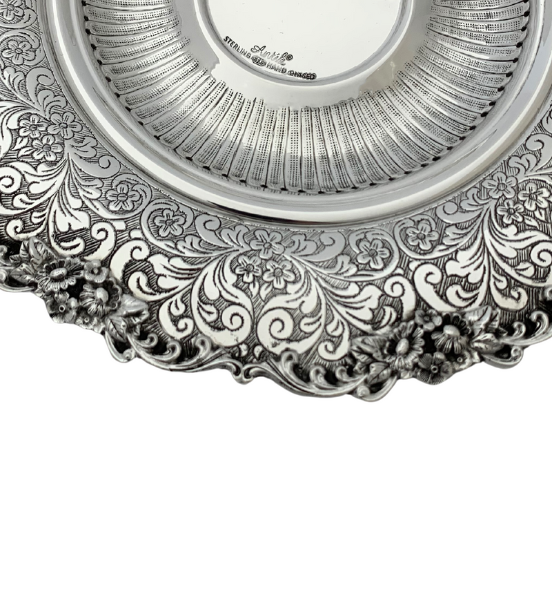 925 STERLING SILVER HANDMADE HEAVY FLORAL ORNATE SWIRL STRIATED SHINY CUP & TRAY