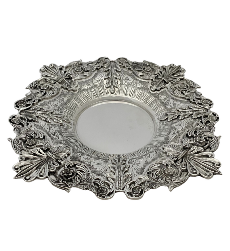 925 STERLING SILVER HANDMADE LEAF APPLIQUE ORNATE MATTE SHINY CUP & TRAY & COVER