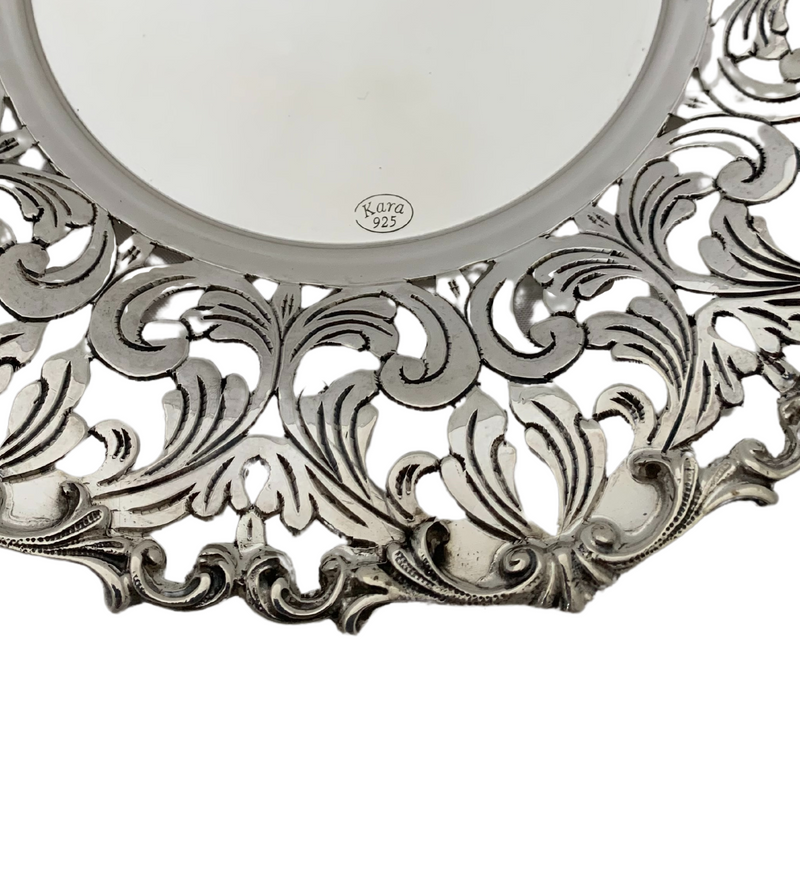 925 STERLING SILVER & GLASS HANDMADE OPEN CHASED FLORAL LEAF SWIRL CUP & TRAY