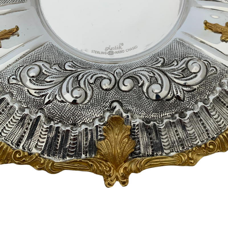 925 STERLING SILVER & GILDED & GLASS HANDMADE LEAF APPLIQUE CROWN TEA CUP & TRAY
