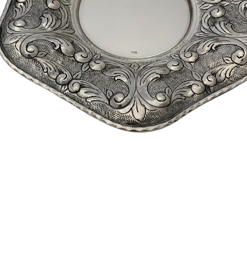 FINE 925 STERLING SILVER HANDMADE CHASED SWIRL MATTE & SHINY FINISH CUP & TRAY