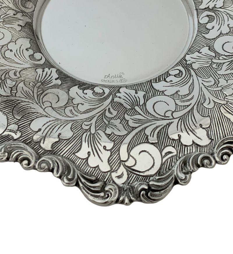 FINE 925 STERLING SILVER HANDMADE STRIATED FLORAL LEAF SWIRL ORNATE CUP & TRAY